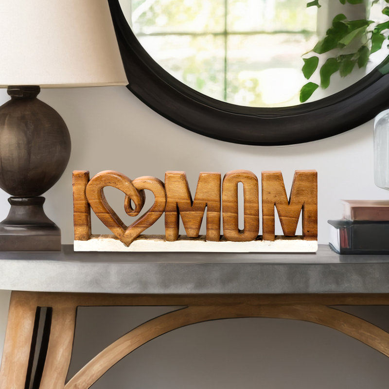 Sculpture en bois faite à la main «I Love Mom» Elves - décoration de table, cadeau de Noël et de la fête des Mères, 8 po x 4 po