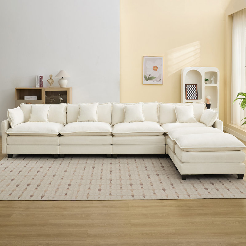 Chenille Upholstered Sectional Sofa Couch with Ottoman, Beige, 4 Seat + 2 Ottoman