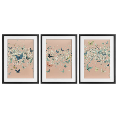 Blush Butterfly Soiree Triptych 3pc Framed Print Under Glass Set, design by Petal Prints Design