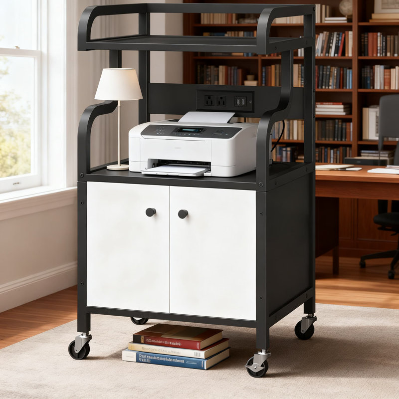 Support d'imprimante à 3 niveaux avec rangement et station de charge, chariot roulant avec roulettes pour bureau à domicile, table d'imprimante robuste avec espace ouvert et caché