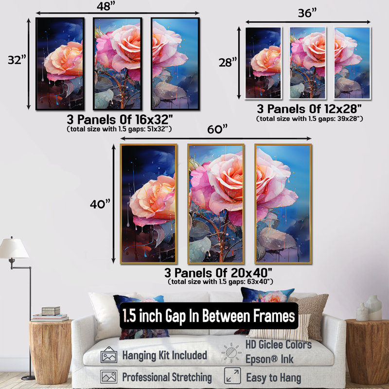 «Multicolor Roses Come Alive With Brushwork III», ensemble d'art mural sur toile Roses, Cadre flottant noir