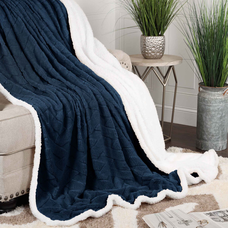 King Size Navy Blue Fleece Sherpa Reversible Blanket