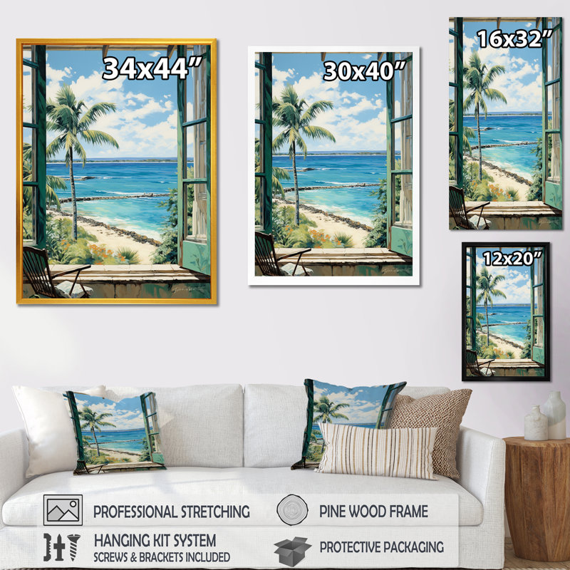 Fenêtres à la plage I - art mural de fenêtres côtières, Cadre flottant brun, H 32 po x l 16 po
