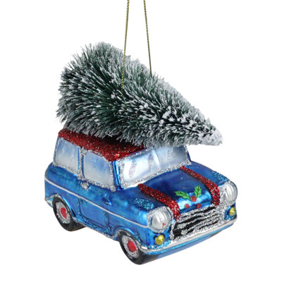 4" Blue Station Wagon Hauling Home the Holiday Tree Christmas Ornament