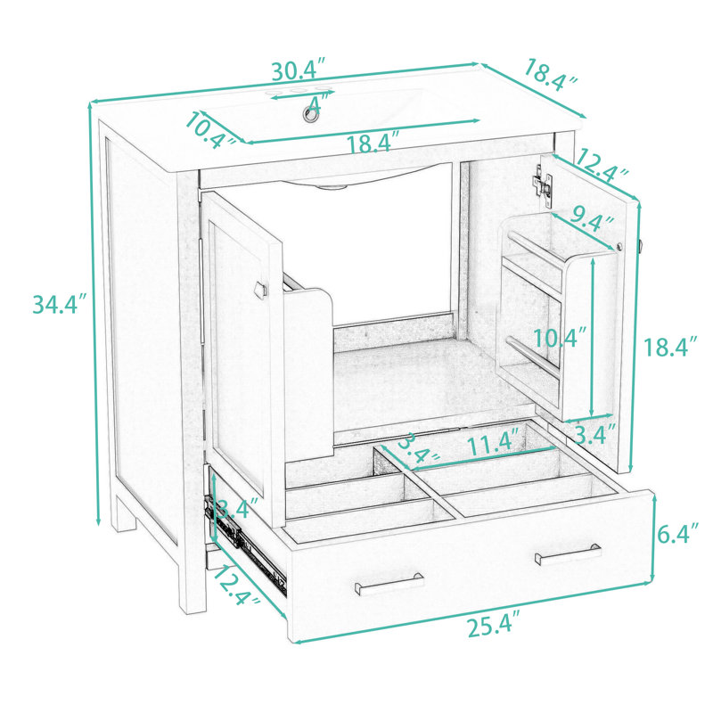 Meuble-lavabo avec lavabo simple, 2 portes et tiroir, Blanc
