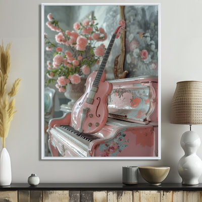 Rose, blanc, piano classique mélodique et guitare - décoration murale musique