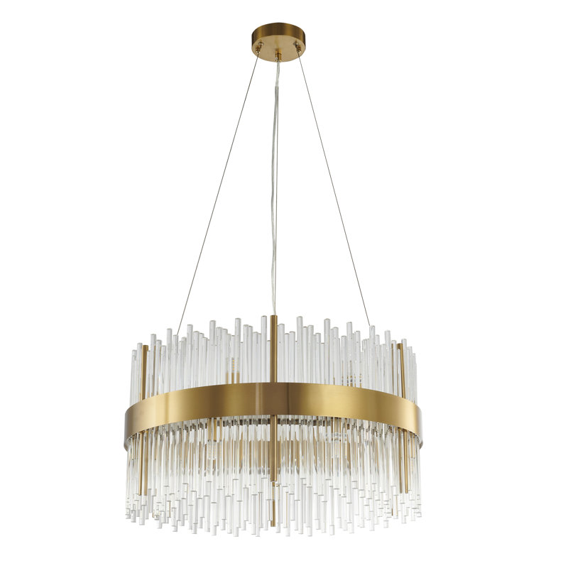 Lustre 14 lumières dorées avec tiges de verre transparent, Or