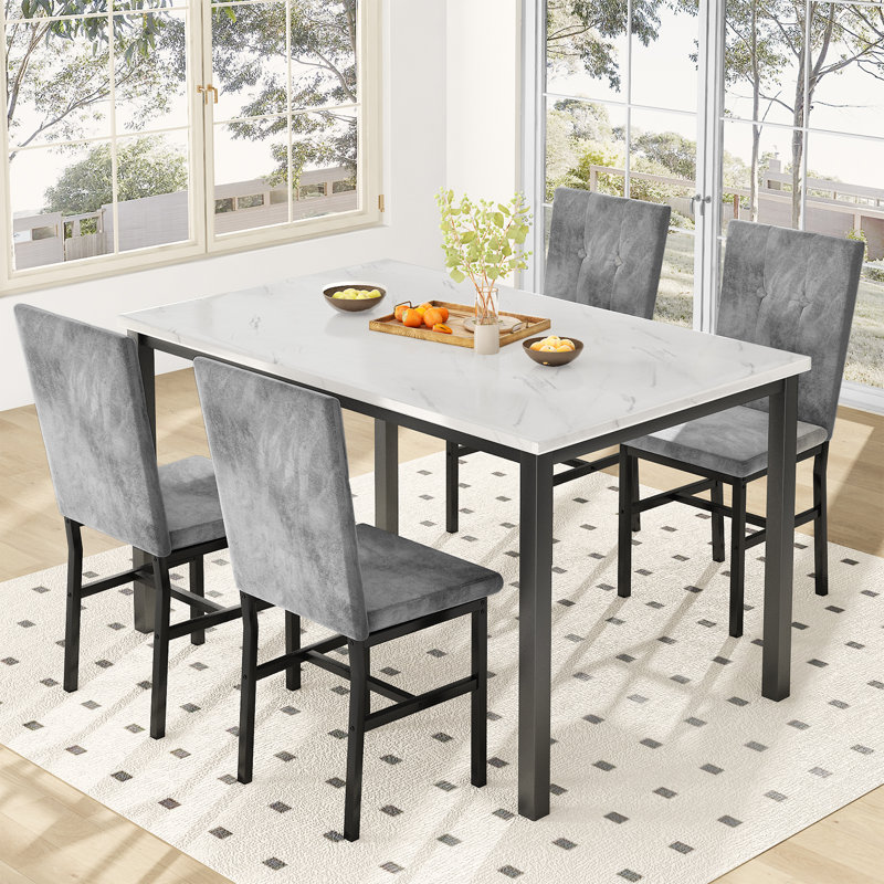Modern Faux Marble Dining Table Set with Gray Velvet Chairs