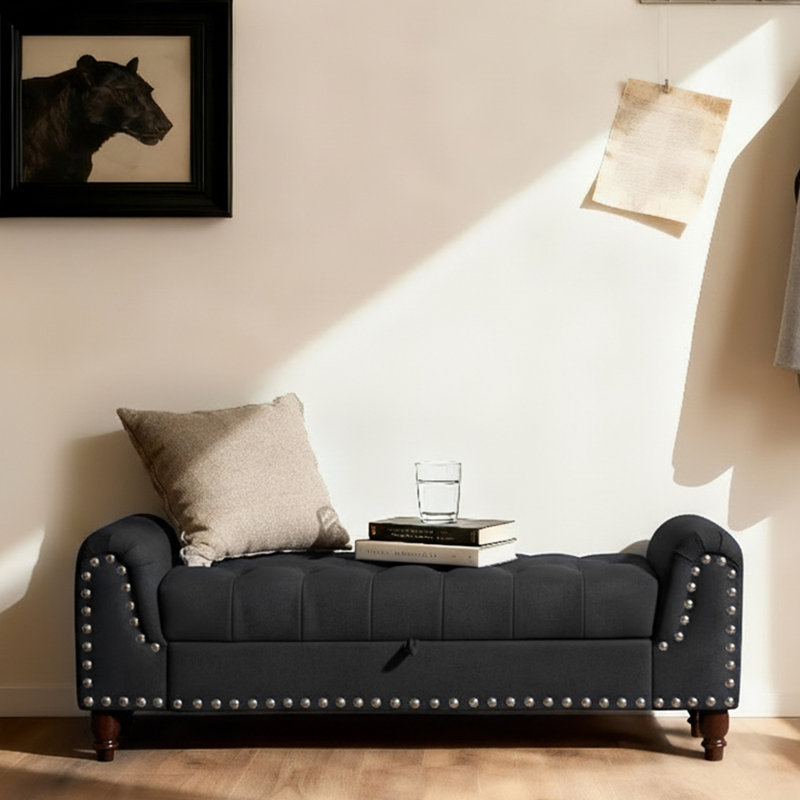 Banc de rangement incurvé avec accoudoirs Lunette - Siège de hall d'entrée rembourré avec compartiment caché, Noir