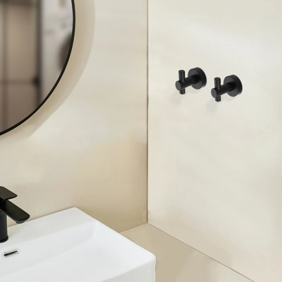 2 Pieces J-Hook Round Base Wall-Mount Robe/Towel Hook In Matte Black