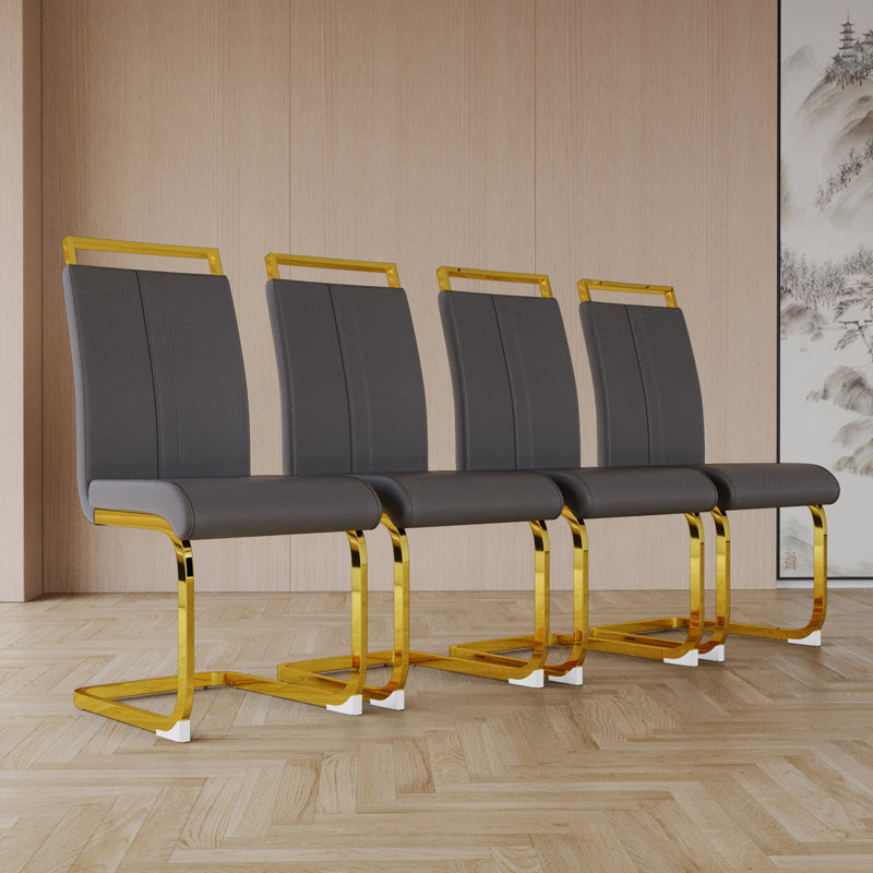 Chaises de salle à manger modernes, chaise d'appoint rembourrée en similicuir à haut dossier avec tube en forme de C. Plaqué pieds en métal doré pour salle à manger, cuisine, meuble-lavabo, patio, club, chaise de bureau d'invités (ensemble de 4) (noir + pu)