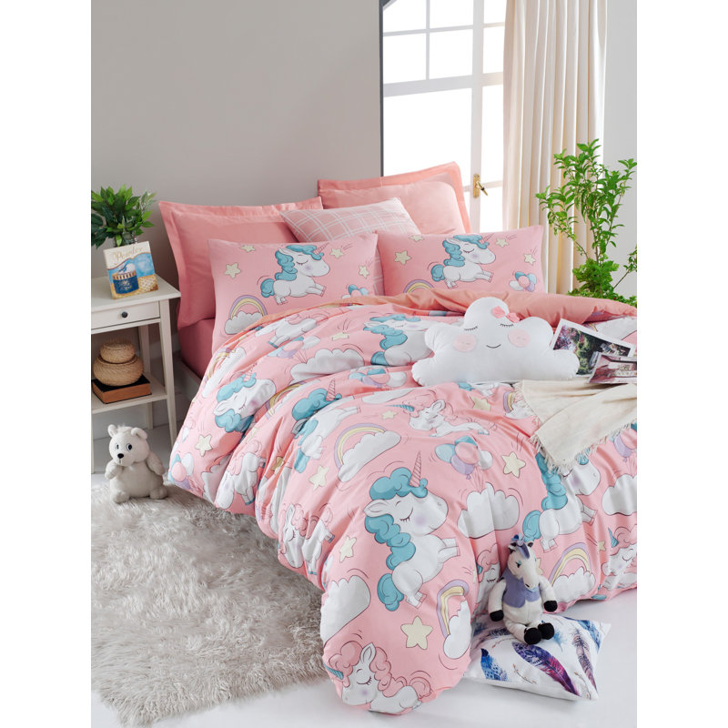 Ensemble de housse de couette 100% coton rose / blanc / bleu Luray, Housse de couette double TG + 2 taies d'oreiller 3