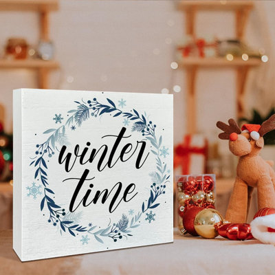 Wooden Snowflake Box Sign – Natural Wood / White Accents – Tabletop / Winter & Holiday Decor