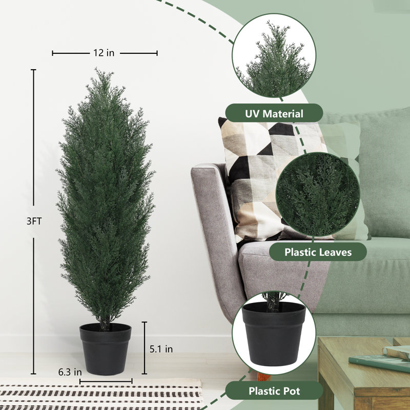 Faux cèdre en pot, H 35,4 po x l 13,7 po x P 13,7 po, Vert foncé