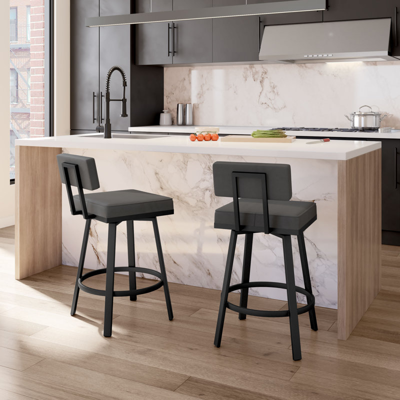 Highbury Swivel Counter & Bar Stool, Black, Bar Stool (29.63" Seat Height), PVC-Dark Gray
