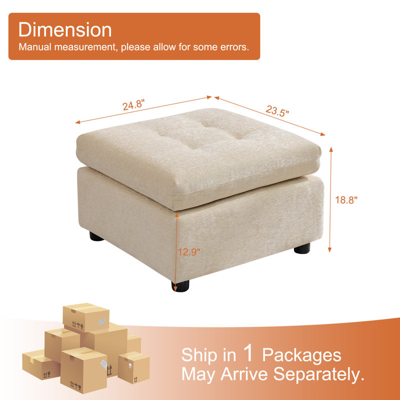 Chenille Tufted Ottoman - Square Accent Stool, Beige