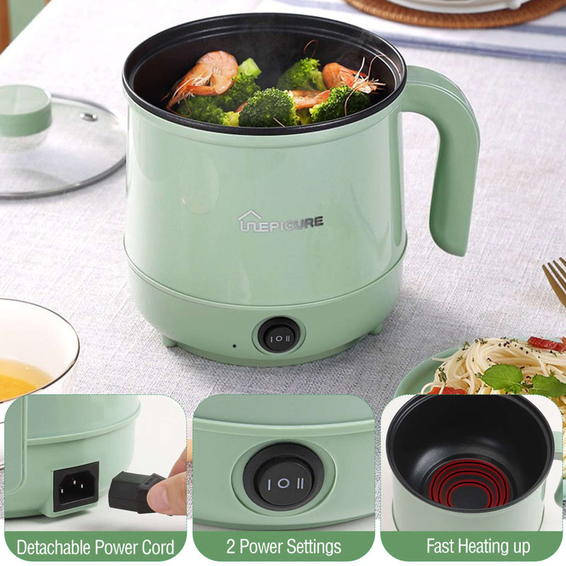 Electric Hot Pot 1.7L Non-stick Ramen Cooker Dual Power Control Multifunctional Lazy Pot, White