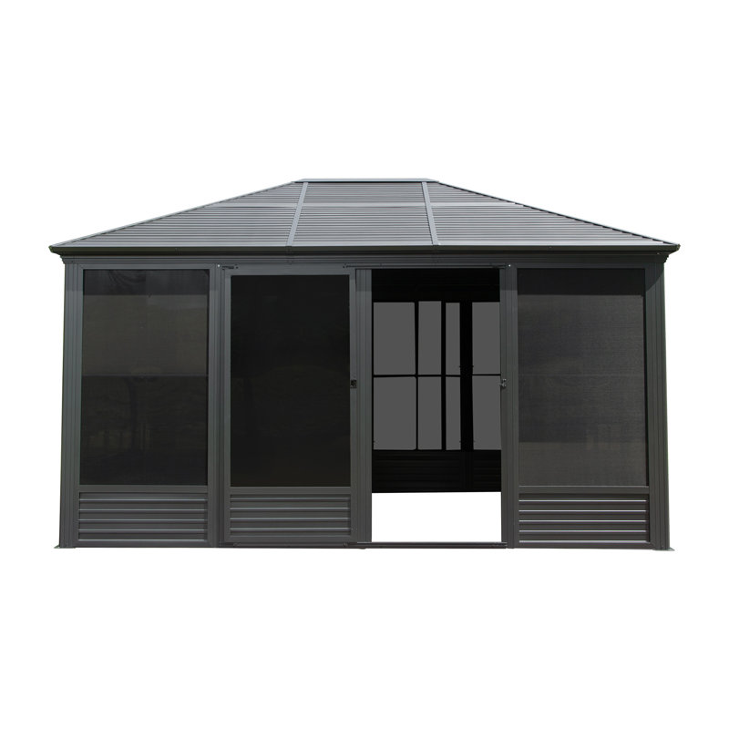 11.2X14.6FT Sunroom, Four Season Solarium Aluminum Hardtop Gazebo With Galvanized Steel Roof, Movable PVC Screen Walls, Sliding Doors, Sun Room Pavilion Gazebo For Patio Deck Backyard