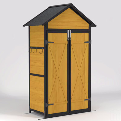 Outdoor Storage Cabinet Weatherproof Wood Storage Shed With Waterproof Roof Lockable Doors Removable Shelves Foldable Table Hooks 69 Inches Garden Tool Shed