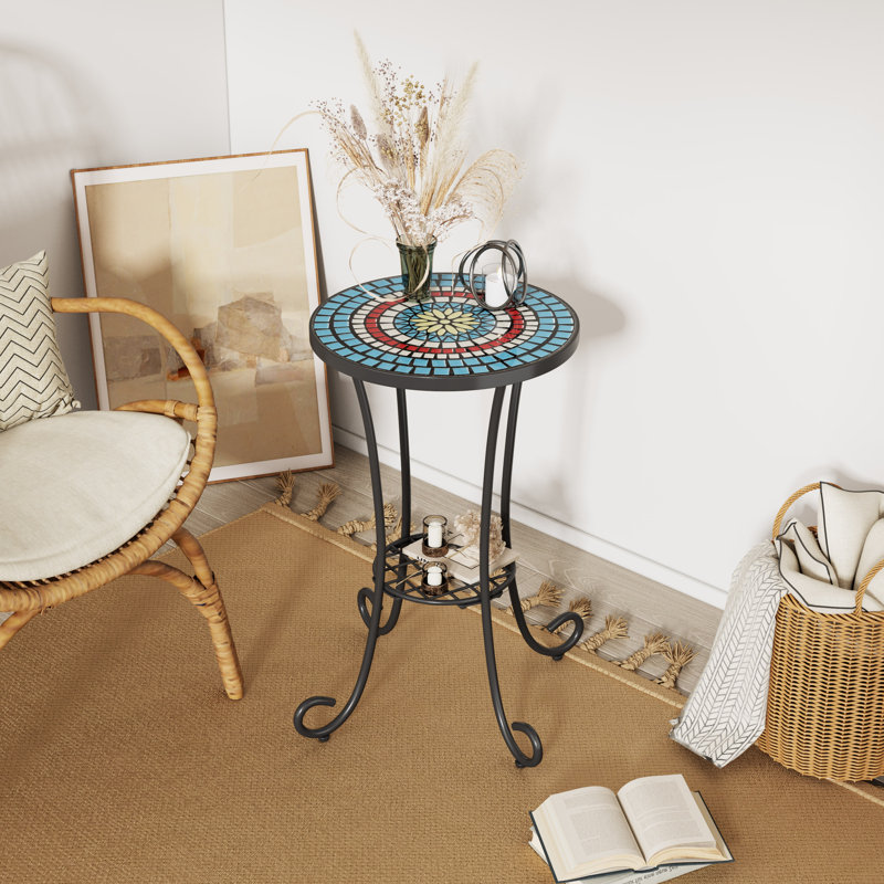 Patio Side Table with Shelf,Blue+Black