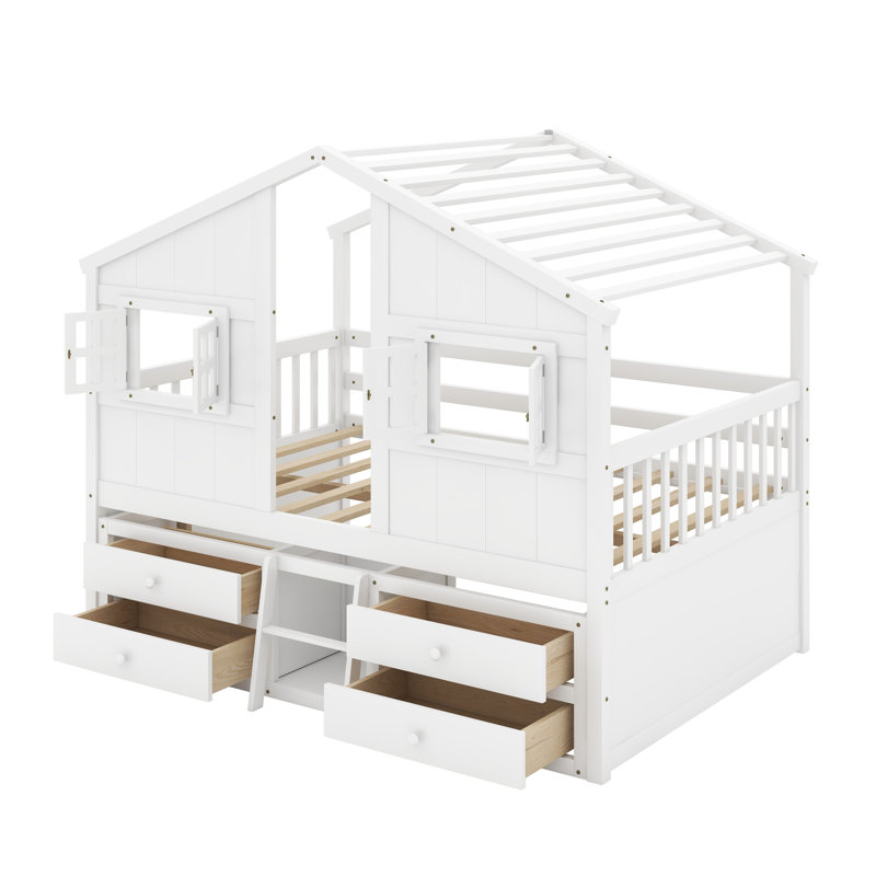 Full Size House Loft Bed With Roof, Windows,4 Storage Drawers,Pine Wooden Bed With Safety Guardrails,Ladder, White
