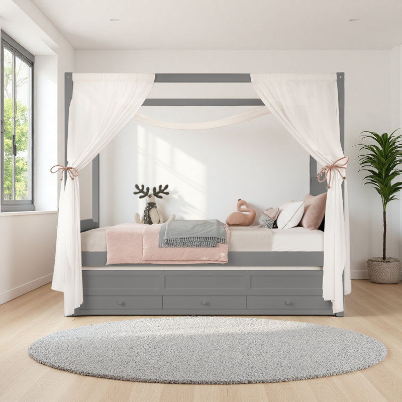 Lit plateforme avec tête de lit tapissier, lit gigogne simple et 3 tiroirs, cadre de lit à baldaquin princesse pour enfants, rangement et assemblage facile