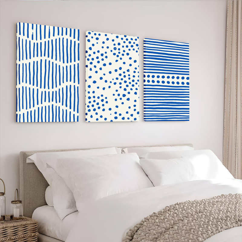 Abstrait bleu et blanc à motif géométrique sur toile tendue, ensemble de 3 reproductions de peintures à l'huile
