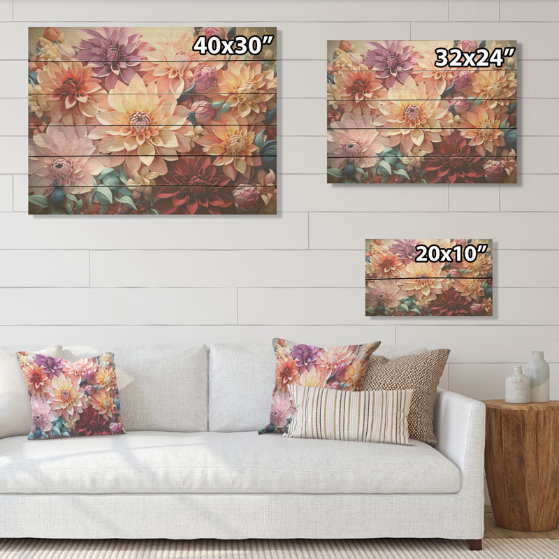 Dahlia Reflection Flowers Field - Flower Field Wood Wall Art On Natural Pine Wood, 10" H x 20" W
