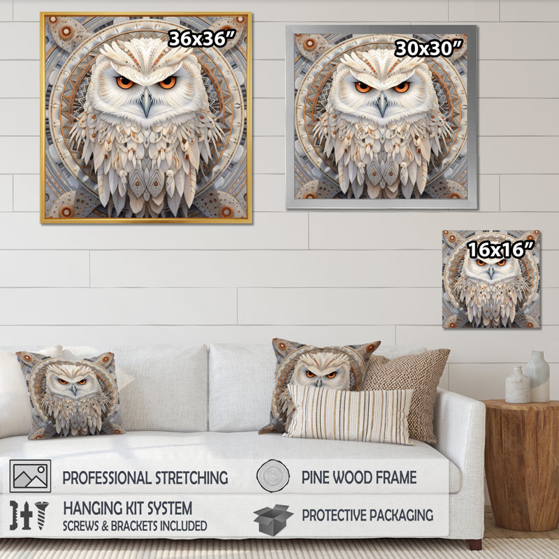 Portrait d'un hibou blanc sur toile, H 36 po x l 36 po x P 1,5 po, Cadre flottant doré