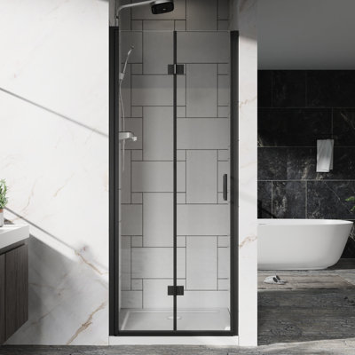 30 - 31.2" Adjustable Width Pivot Glass Shower Door, 1/4 Inch (6Mm) Tempered Glass, 180° Pivot, Heavy Duty Zinc Alloy Handle, Spill Seal Strips 30"X 72" Door With Clear Black Finish, Reversible