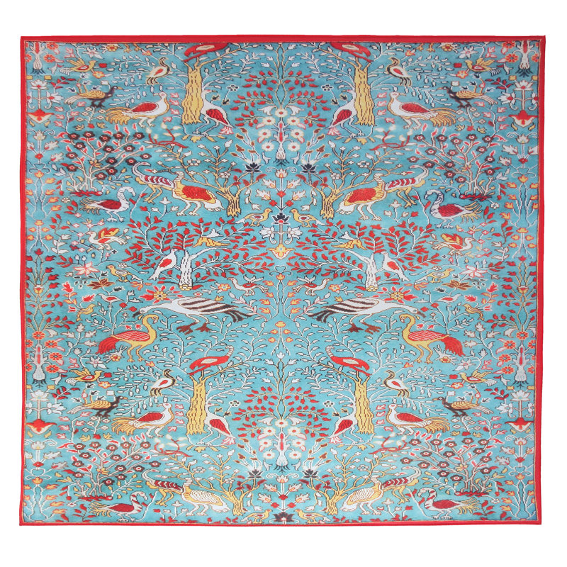 Modern Blue Bird Machine Washable Area Rug with Built-in Padding & Non-Slip Backing, Square 8'