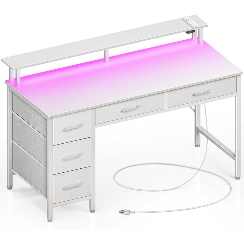 Bureau d'ordinateur avec prises de courant et éclairage à DEL, bureau à domicile de 39 pouces avec 5 tiroirs, bureau d'écriture avec support pour écran, bureau de travail pour bureau à domicile