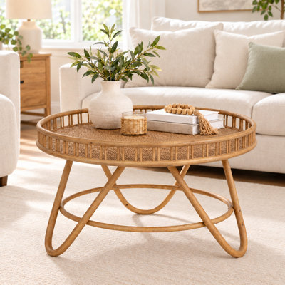 32" Round Rattan Coffee Table with Tray Top, Brown Wicker 3-Leg Cocktail Table for Living Room
