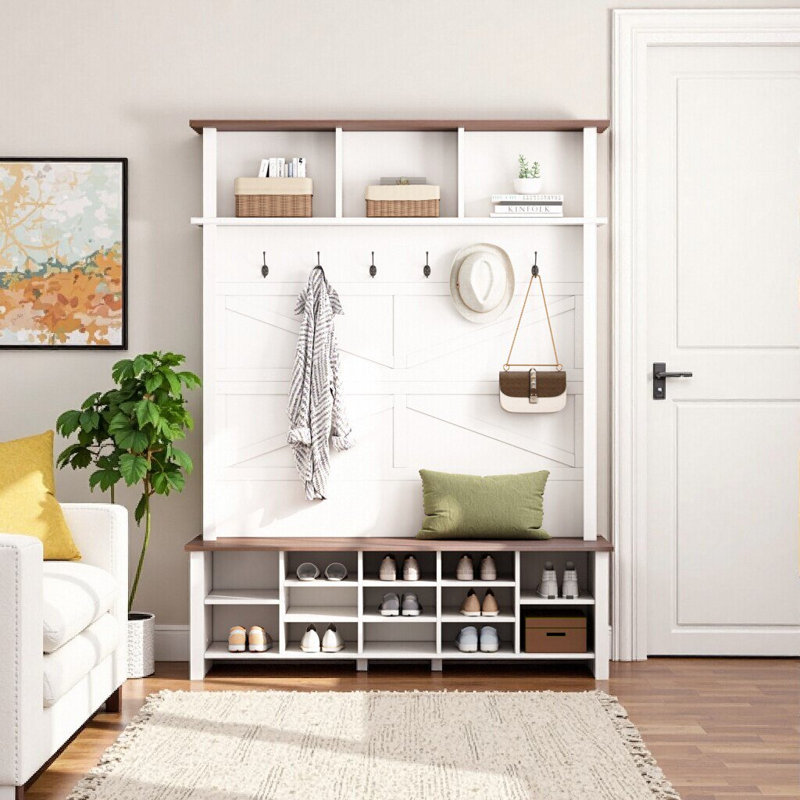 Farmhouse 4-in-1 Hall Tree with Entryway Bench & Shoe Organizer, 6 Hooks, 16 Compartments, Adjustable Shelves, Walnut and White