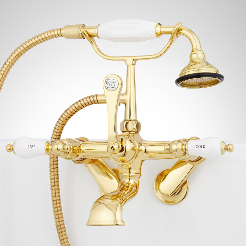 Telephone Style Tub Wall Mounted Faucet with Porcelain Lever Handles, Polished Brass
