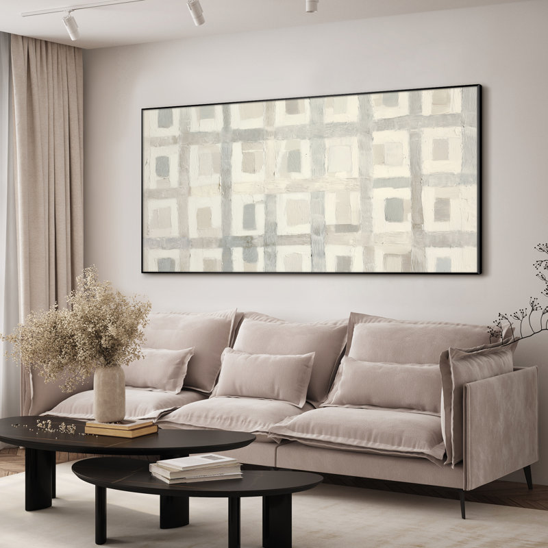 Extra Large Wall Art Fabric Print - Neutral Tone Grid Pattern Abstract Design Artwork Decor for Living Room or Bedroom - "Frame Assembly Required (Unfinished Frame)"