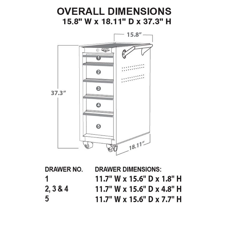 16" W 5-Drawer Bottom Rollaway Chest, Black