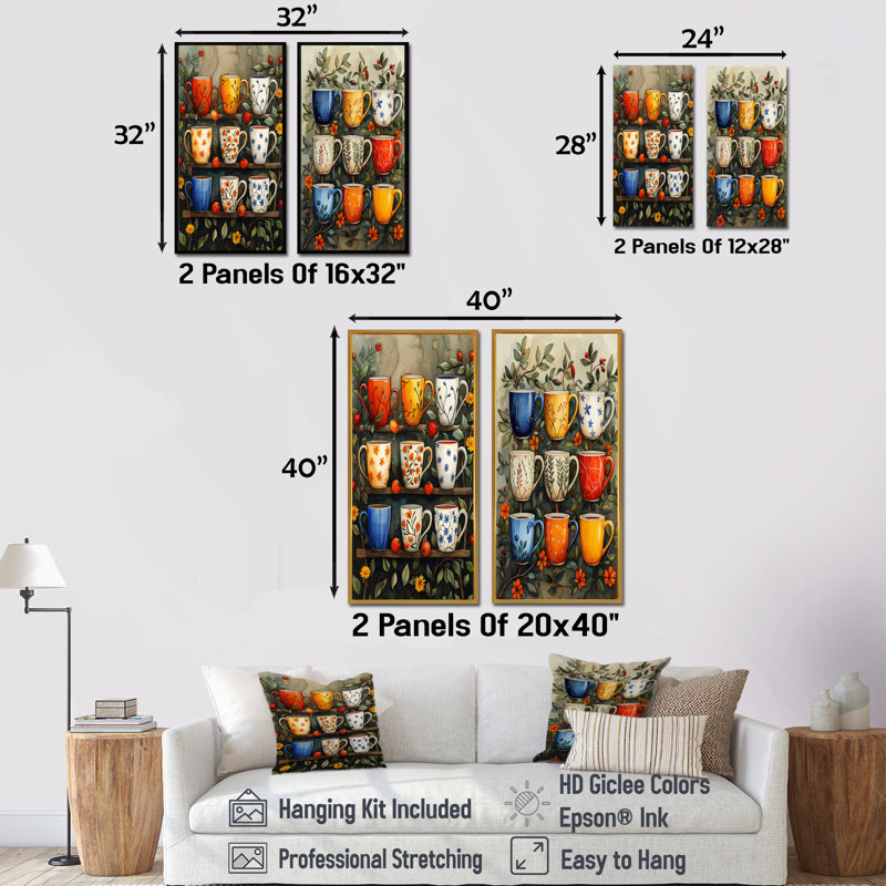 Ensemble de 2 tasses à café rouge et bleu Boho Morning Coffee, Toile tendue, H 28 po x l 24 po