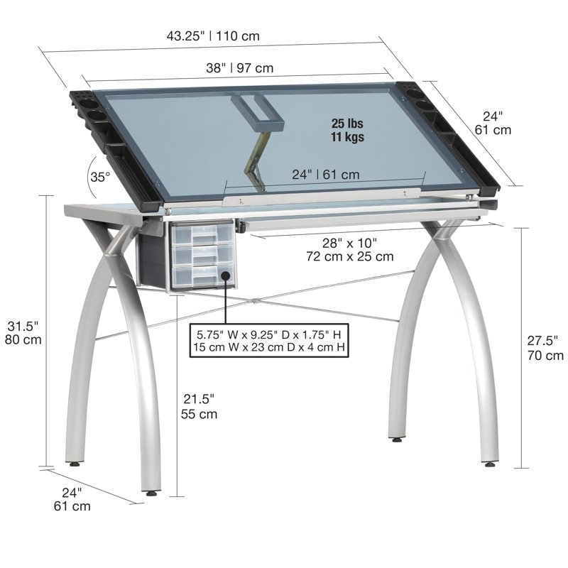 Futura 59'' Black Metal and Clear Glass Drafting Table with Storage