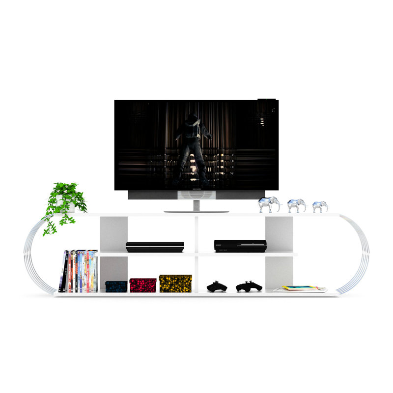 4 Shelf 68 Inch Tv Stand, Mid Century Modern Entertainment Centre, Open Storage, White/ Fascinate, Solid Wood Made Article Storage Hue, Creation