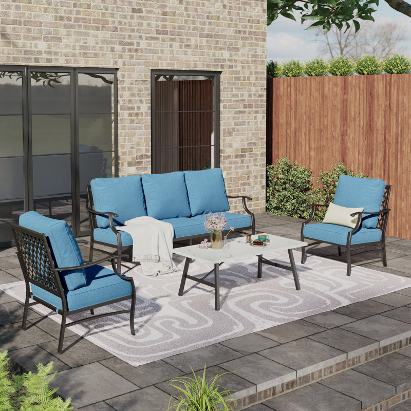 Ensemble de conversation de patio pour 5 à 7 personnes avec repose-pieds optionnel Asfand, Bleu denim, Non