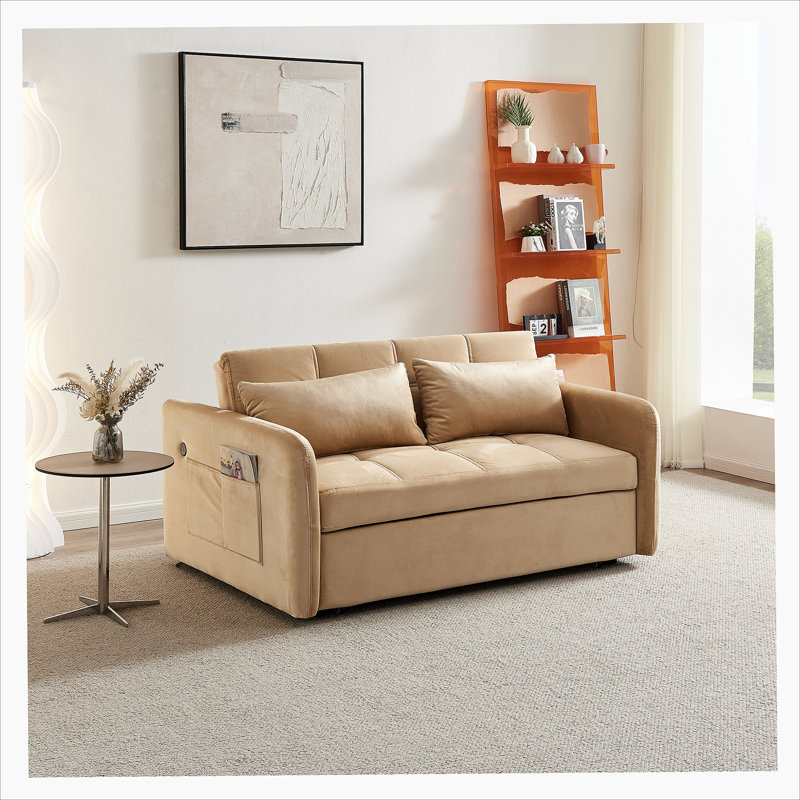 Twins Pull Out Sofa Bed Velvet, Pull Out Sofa, Accent Sofa, Modern Sofa, Khaki