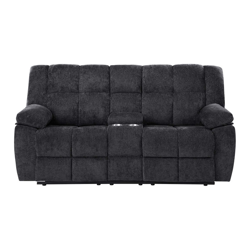 Canapé deux places de style transitionnel avec inclinaison manuelle et console centrale, Tissu noir