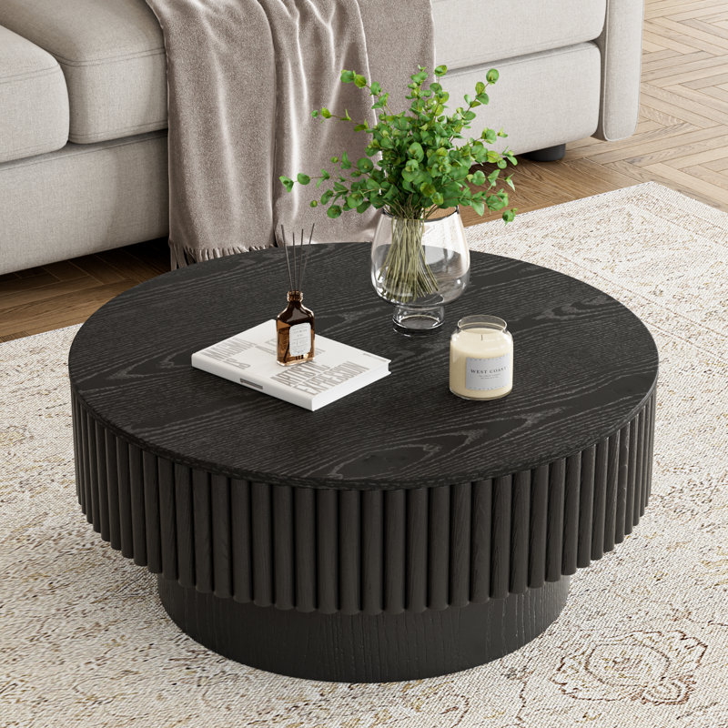 Round Drum Coffee Table with Storage, 14" H x 31.5" W x 31.5" D, Black