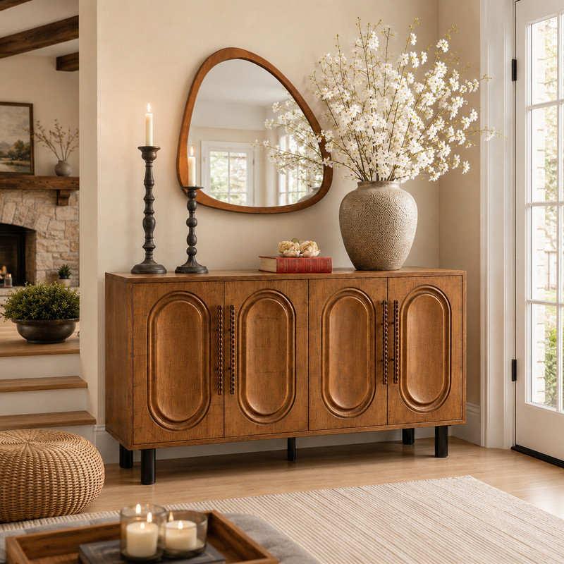 59.84" Gold-Toned 4-Door Sideboard Buffet Cabinet - Solid Wood & MDF Arched Door Storage Console Table for Dining Room/Living Room, Antique Gold