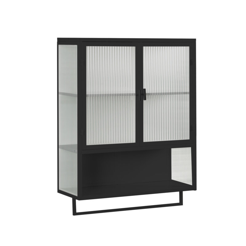 23.62"Glass Doors Modern Two-Door Wall Cabinet With Featuring Two-Tier Enclosed Storage, An Open Shelf, And Towel Rack, For Entryway Living Room Bathroom Dining Room
