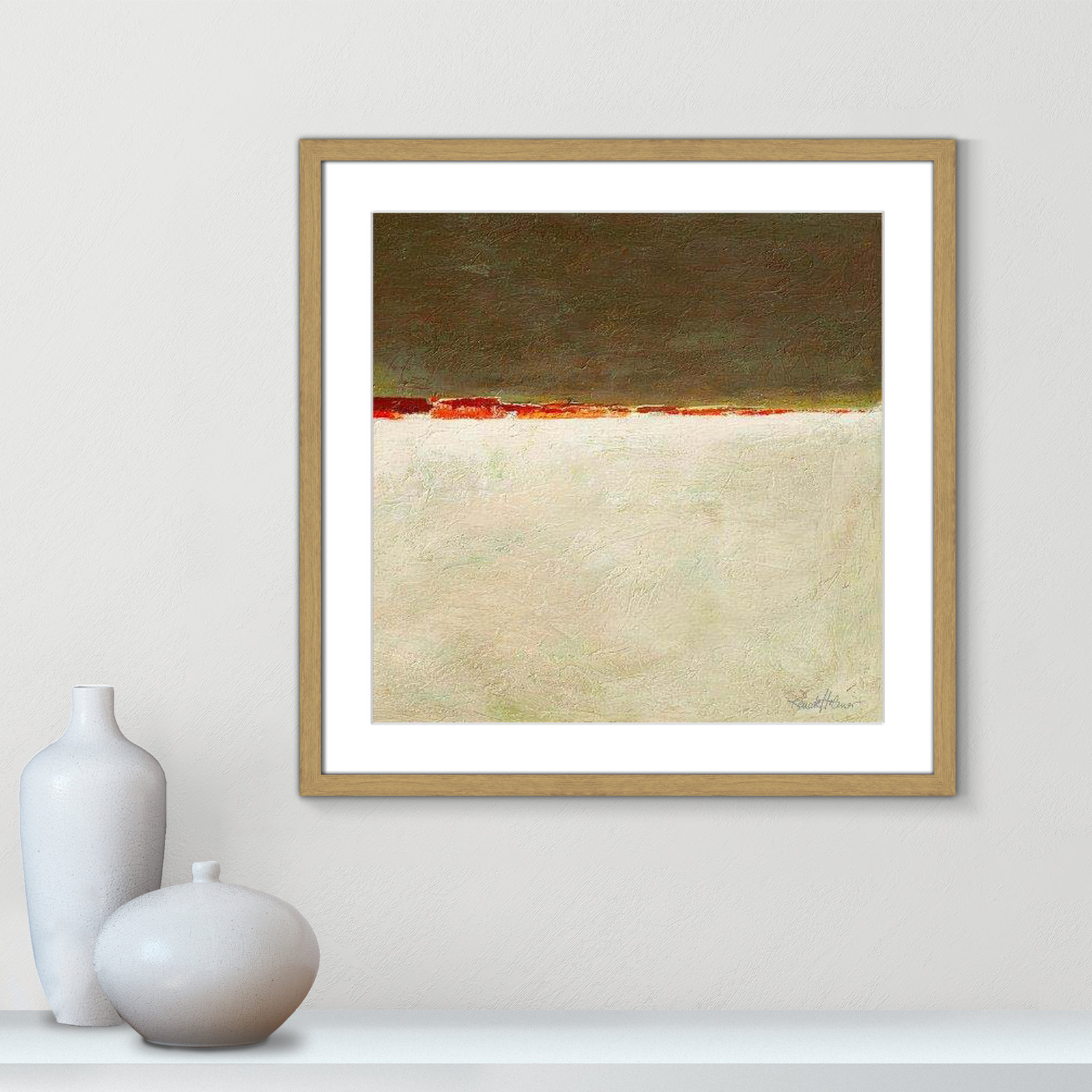 Orange Horizon I by Renate Holzner - Print, 23.5" H x 23.5" W x 0.75" D, Natural Framed