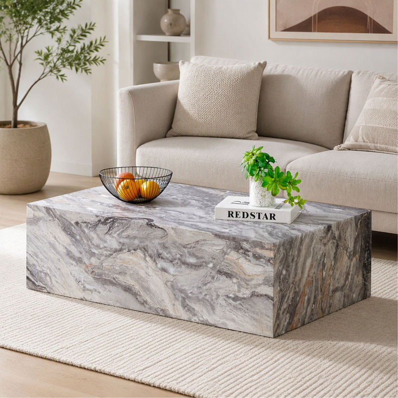 Table basse - Panneau de fibres à densité moyenne à motif de pierre grise - 39,3 po x 21,7 po x 11,8 po - Texture tendance