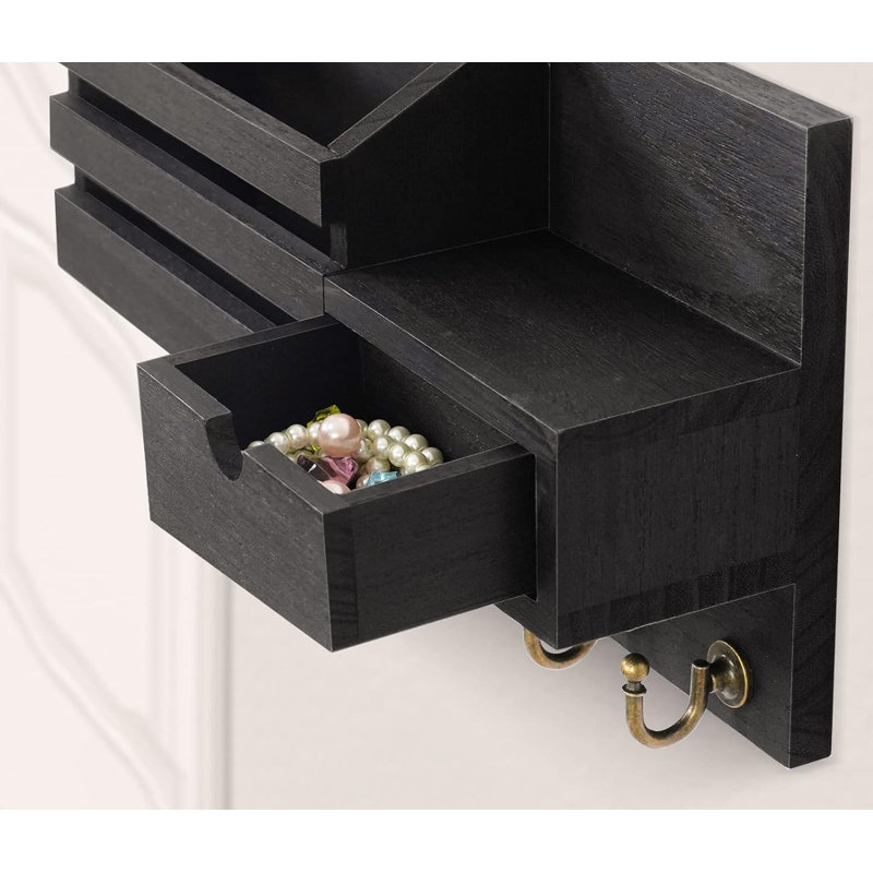 Black Rustic Wall-Mounted Key and Mail Organizer with Hooks and Drawer