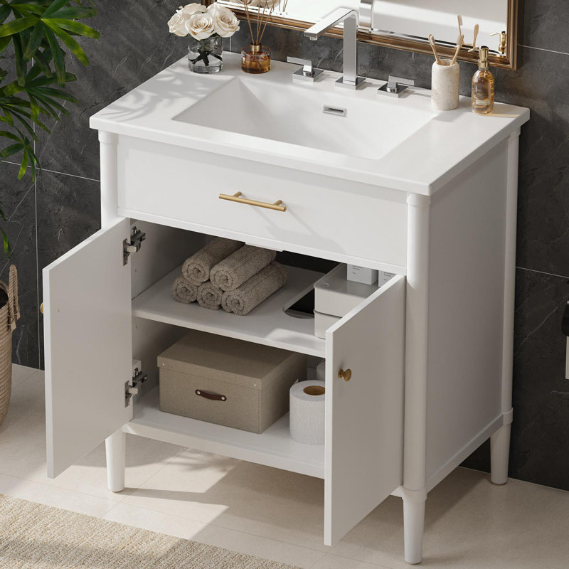 Bathroom Vanity with Sink, Soft Close Doors and Adjustable Shelf, White